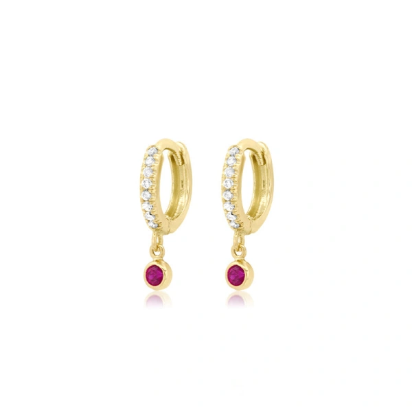 Diamond Huggies with Mini Ruby Bezel Drop in 18K Yellow Gold