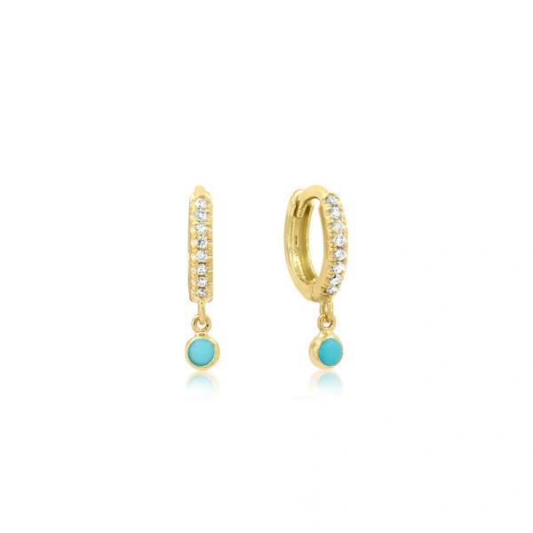 Jennifer Meyer Diamond Huggies with Mini Turquoise Bezel Drop in 18K Yellow Gold | Fine Earrings | Coveti