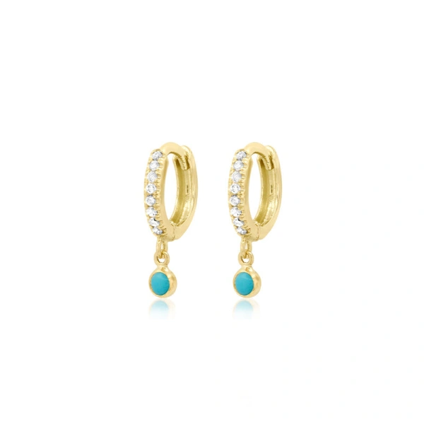 Jennifer Meyer Diamond Huggies with Mini Turquoise Bezel Drop in 18K Yellow Gold | Fine Earrings | Coveti