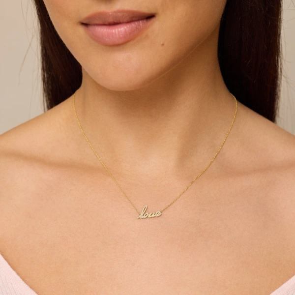 Jennifer Meyer Diamond Love Script Necklace in 18K Yellow Gold | Fine Necklaces | Coveti