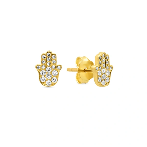 Jennifer Meyer Diamond Mini Hamsa Studs in 18K Yellow Gold | Fine Earrings | Coveti