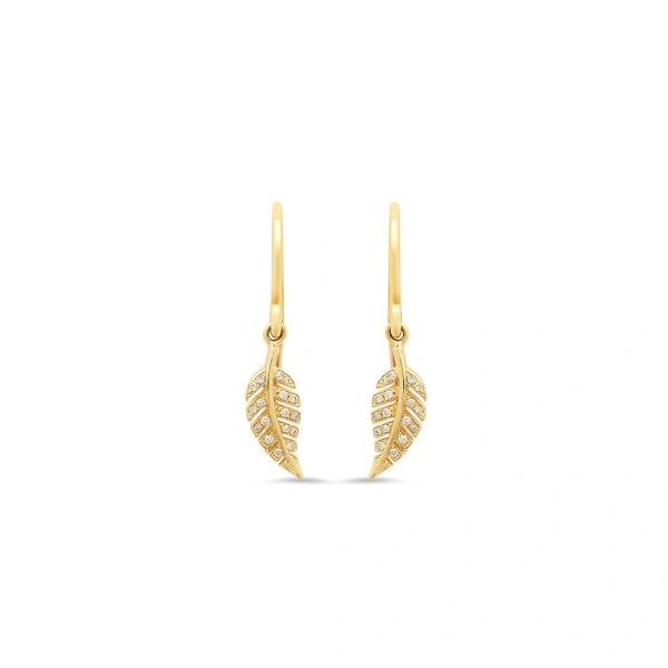 Jennifer Meyer Diamond Mini Leaf Drop Earrings in 18K Yellow Gold | Fine Earrings | Coveti