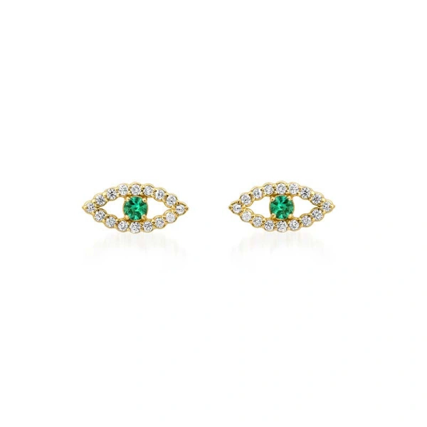 Jennifer Meyer Diamond Mini Open Evil Eye Studs with Emerald Center in 18K White Gold | Fine Earrings | Coveti