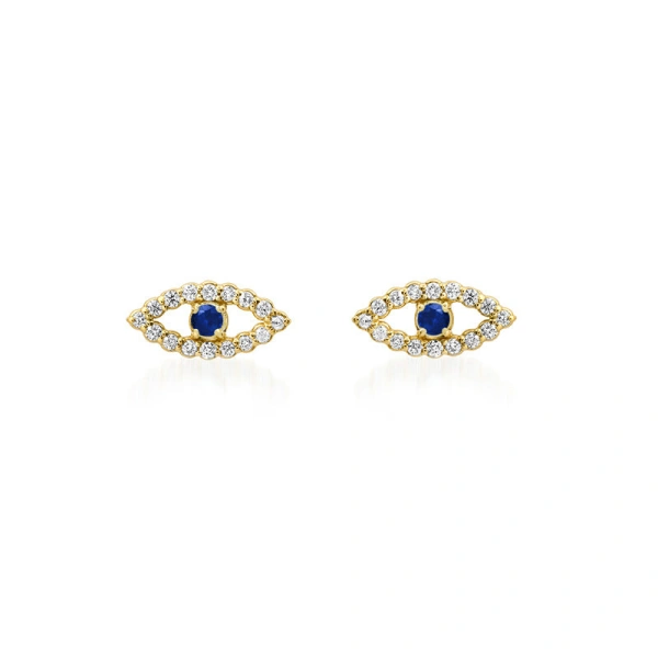 Jennifer Meyer Diamond Mini Open Evil Eye Studs with Sapphire Center in 18K Yellow Gold | Fine Earrings | Coveti