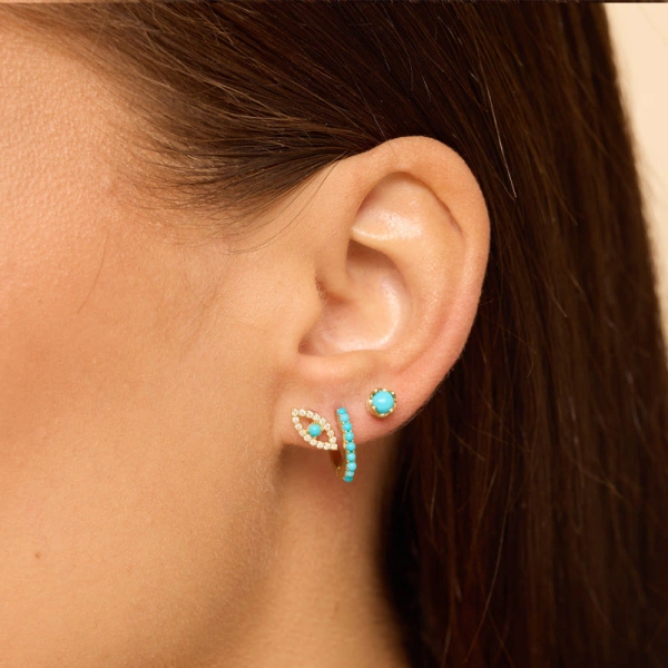 Jennifer Meyer Diamond Mini Open Evil Eye Studs with Turquoise Center in 18K Yellow Gold | Fine Earrings | Coveti