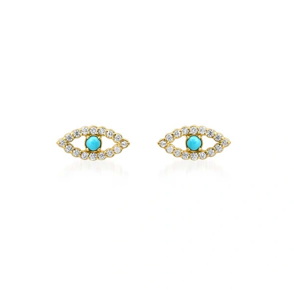 Jennifer Meyer Diamond Mini Open Evil Eye Studs with Turquoise Center in 18K Yellow Gold | Fine Earrings | Coveti