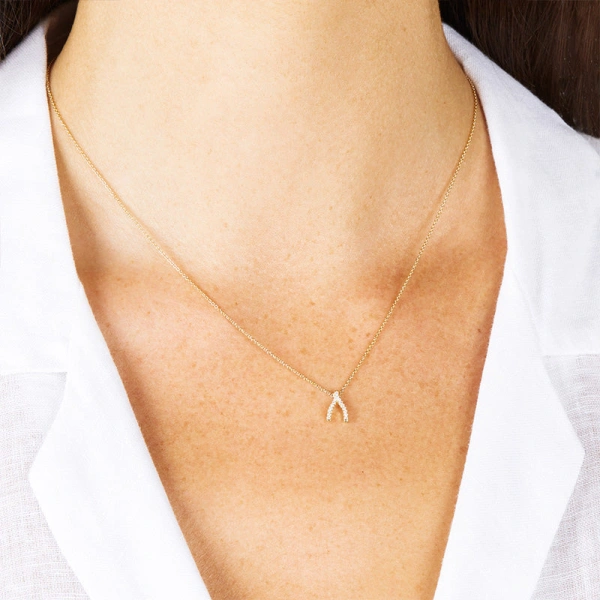 Jennifer Meyer Diamond Mini Wishbone Necklace in 18K Yellow Gold | Fine Necklaces | Coveti