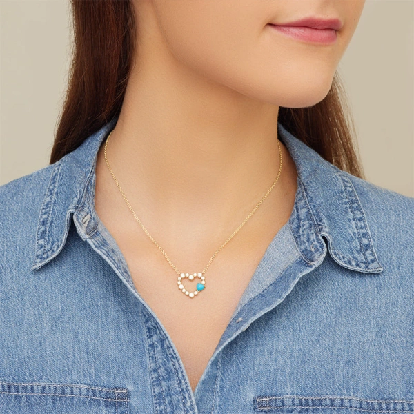 Jennifer Meyer Diamond Open Heart Necklace with Heart Cut Turquoise Cabochon Accent in 14K Yellow Gold | Fine Necklaces | Coveti