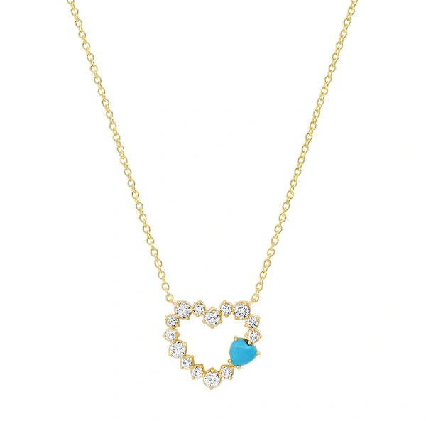 Jennifer Meyer Diamond Open Heart Necklace with Heart Cut Turquoise Cabochon Accent in 14K Yellow Gold | Fine Necklaces | Coveti