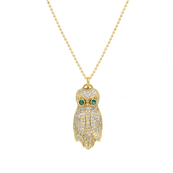 Jennifer Meyer Diamond Owl Necklace in 18K Yellow Gold | Fine Necklaces | Coveti