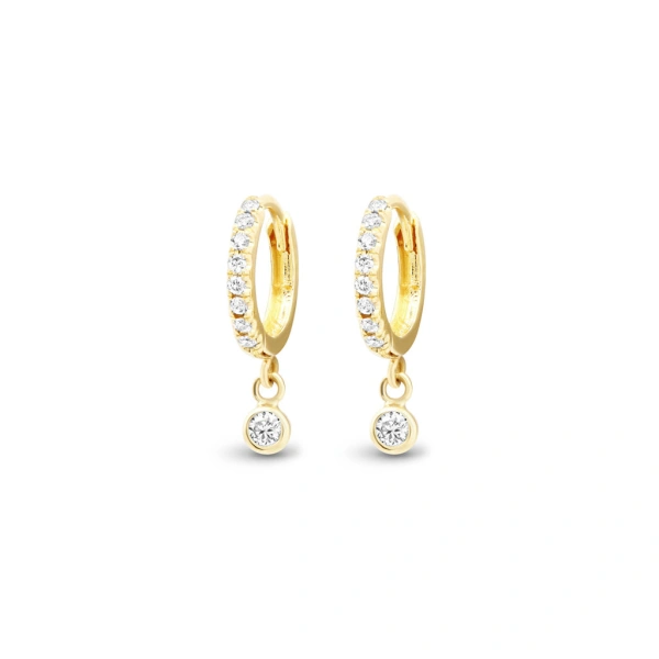 Jennifer Meyer Diamond Pave Huggies with Diamond Bezel Drop in 18K Yellow Gold | Fine Earrings | Coveti