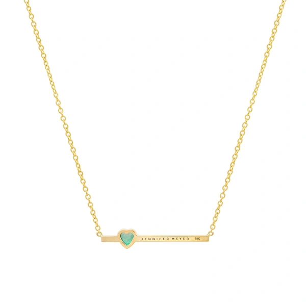 Jennifer Meyer Diamond Stick Necklace with Heart Cut Emerald Accent in 18K Yellow Gold | Fine Necklaces | Coveti