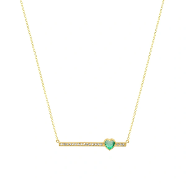 Jennifer Meyer Diamond Stick Necklace with Heart Cut Emerald Accent in 18K Yellow Gold | Fine Necklaces | Coveti
