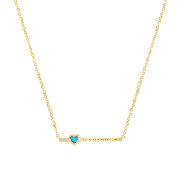 Jennifer Meyer Diamond Stick Necklace with Heart Cut Turquoise Accent in 18K Yellow Gold | Fine Necklaces | Coveti