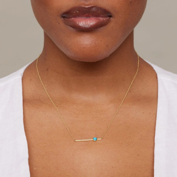 Jennifer Meyer Diamond Stick Necklace with Heart Cut Turquoise Accent in 18K Yellow Gold | Fine Necklaces | Coveti