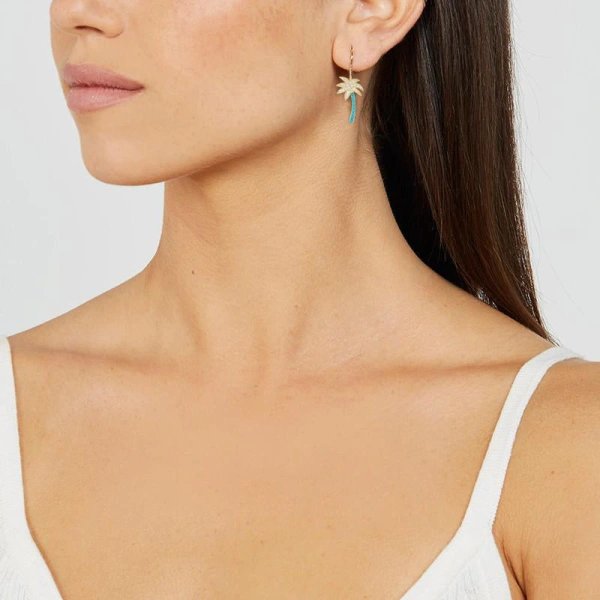 Jennifer Meyer Diamond and Turquoise Palm Tree Earrings in 18K Yellow Gold | Fine Earrings | Coveti
