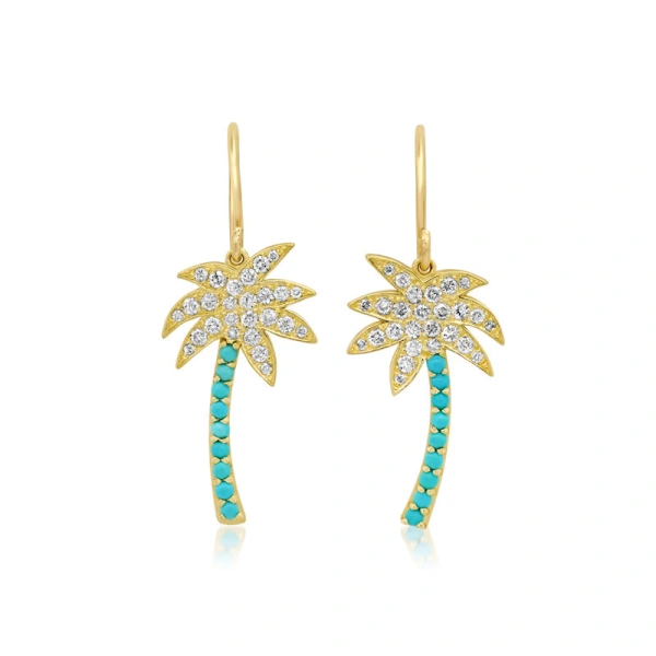 Diamond and Turquoise Palm Tree Earrings in 18K Yellow Gold