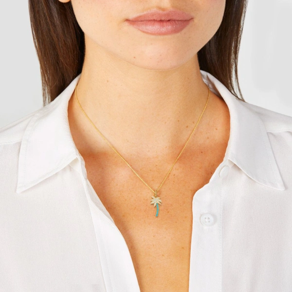 Jennifer Meyer Diamond and Turquoise Palm Tree Necklace in 18K Yellow Gold | Fine Necklaces | Coveti