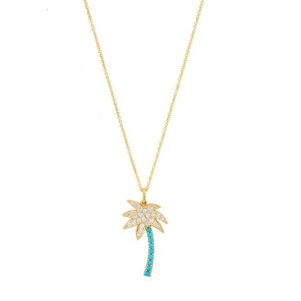 Jennifer Meyer Diamond and Turquoise Palm Tree Necklace in 18K Yellow Gold | Fine Necklaces | Coveti