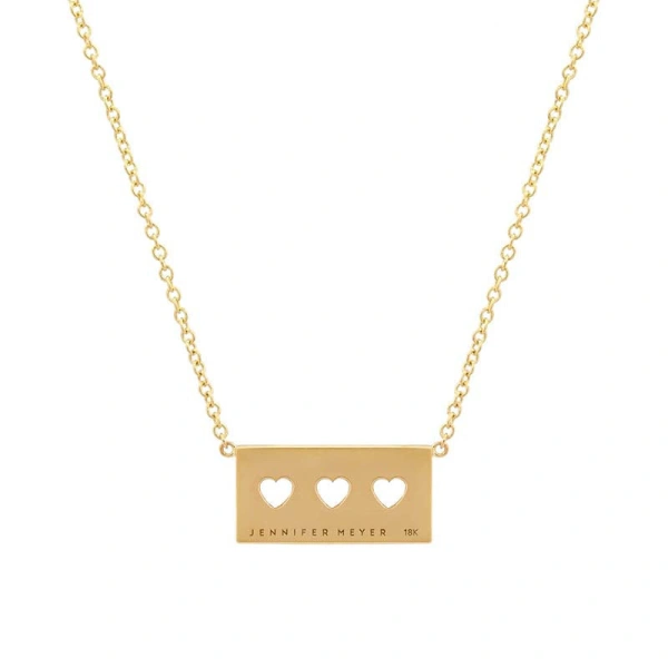 Jennifer Meyer Ellen Plate with 3 Cut Out Heart Detail Necklace in 18K Yellow Gold | Fine Necklaces | Coveti