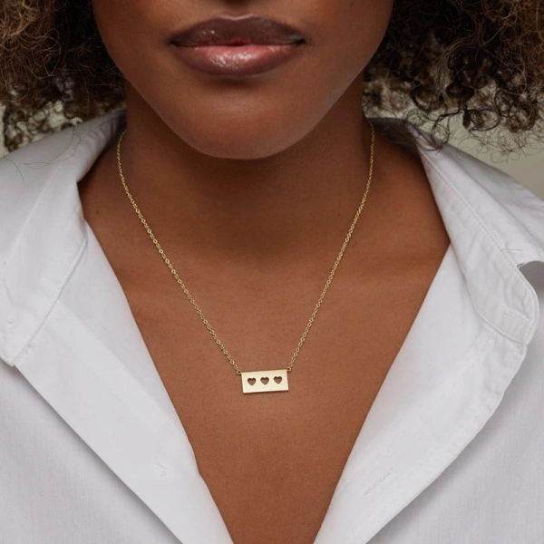 Jennifer Meyer Ellen Plate with 3 Cut Out Heart Detail Necklace in 18K Yellow Gold | Fine Necklaces | Coveti