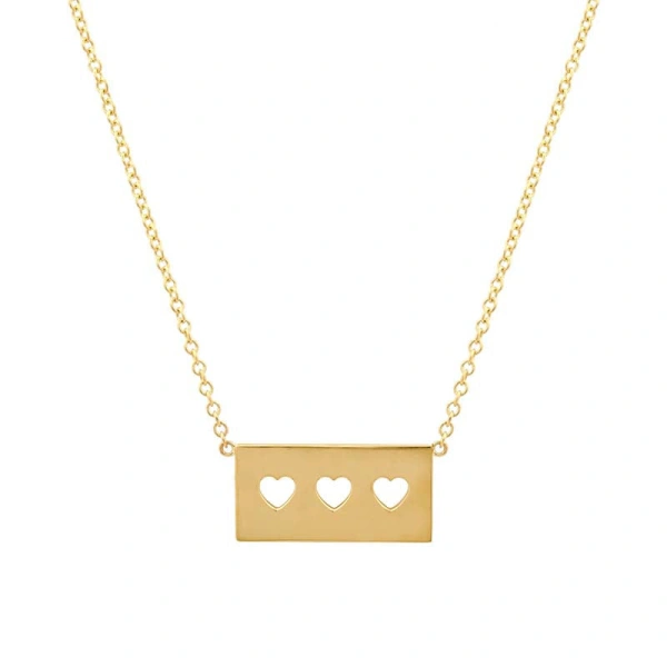 Jennifer Meyer Ellen Plate with 3 Cut Out Heart Detail Necklace in 18K Yellow Gold | Fine Necklaces | Coveti