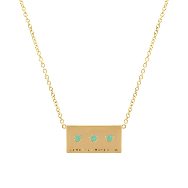 Jennifer Meyer Ellen Plate with 3 Heart Cut Emerald Detail Necklace in 14K Yellow Gold | Fine Necklaces | Coveti