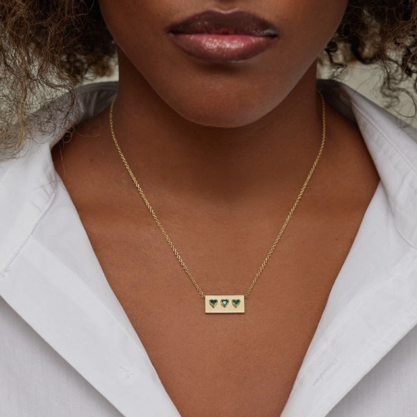 Jennifer Meyer Ellen Plate with 3 Heart Cut Emerald Detail Necklace in 14K Yellow Gold | Fine Necklaces | Coveti