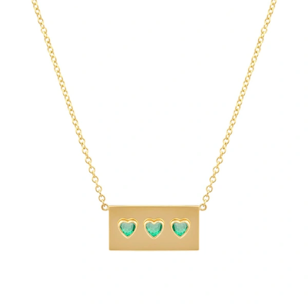 Jennifer Meyer Ellen Plate with 3 Heart Cut Emerald Detail Necklace in 14K Yellow Gold | Fine Necklaces | Coveti