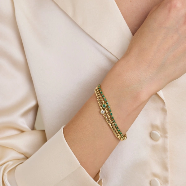 Jennifer Meyer Emerald Baguette Tennis Bracelet in 18K Yellow Gold | Fine Bracelets | Coveti