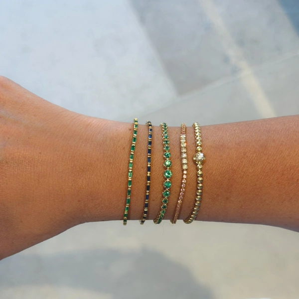 Jennifer Meyer Emerald Baguette Tennis Bracelet in 18K Yellow Gold | Fine Bracelets | Coveti