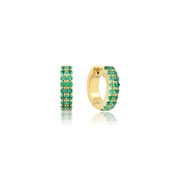 Jennifer Meyer Emerald Double Row Huggies in 18K Yellow Gold | Fine Earrings | Coveti