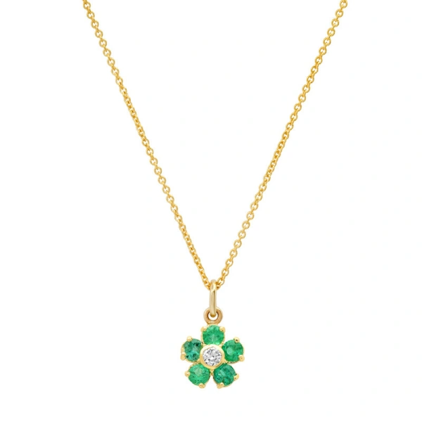 Jennifer Meyer Emerald Flower Necklace with Diamond Center in 18K Yellow Gold | Fine Necklaces | Coveti