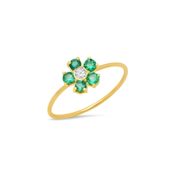 Jennifer Meyer Emerald Flower Ring with Diamond Center in 18K Yellow Gold | Fine Rings | Coveti