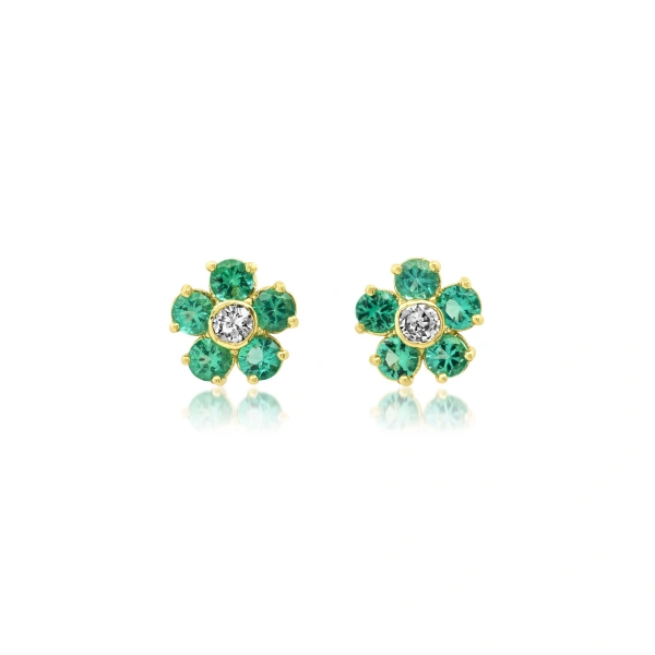 Jennifer Meyer Emerald Flower Studs with Diamond Center in 18K Yellow Gold | Fine Earrings | Coveti