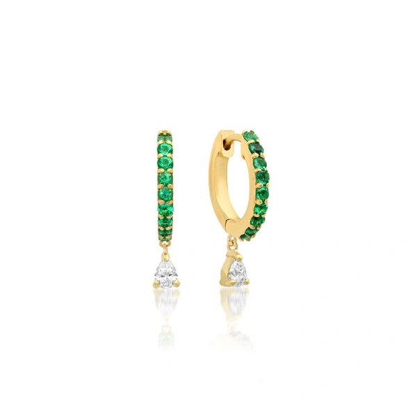Jennifer Meyer Emerald Huggies With Pear Cut Diamond Drop in 18K Yellow Gold | Fine Earrings | Coveti