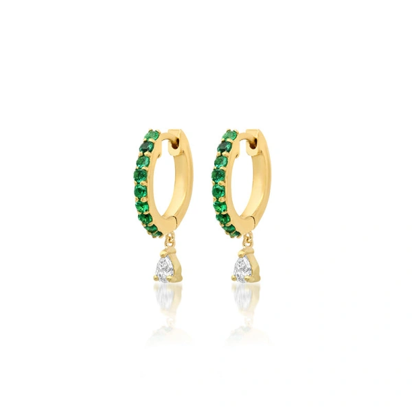 Emerald Huggies With Pear Cut Diamond Drop in 18K Yellow Gold