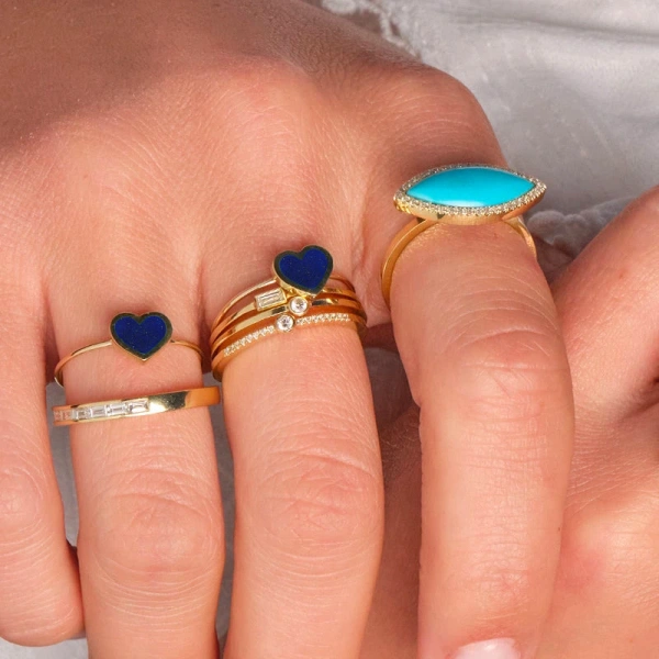 Jennifer Meyer Extra Small Lapis Inlay Heart Ring in 18K Yellow Gold | Fine Rings | Coveti