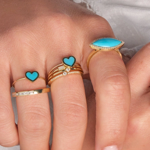 Jennifer Meyer Extra Small Turquoise Inlay Heart Ring in 18K Yellow Gold | Fine Rings | Coveti