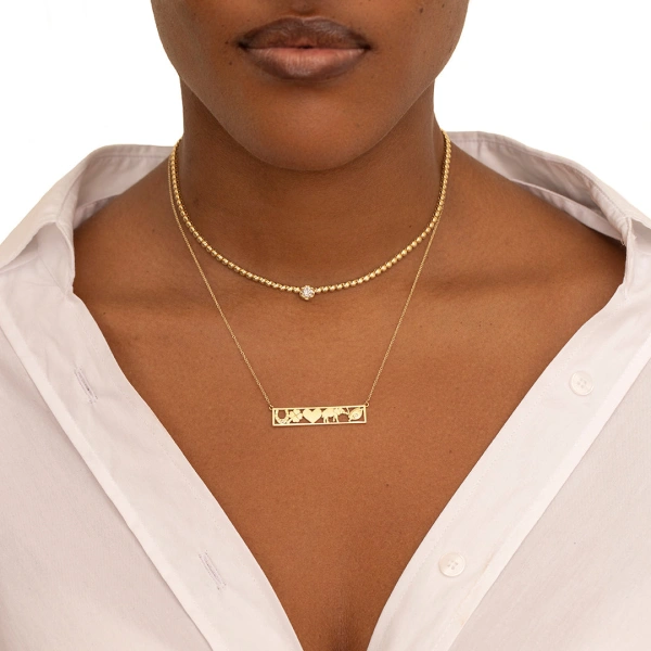 Jennifer Meyer Good Luck Bar Necklace in 18K Yellow Gold | Fine Necklaces | Coveti
