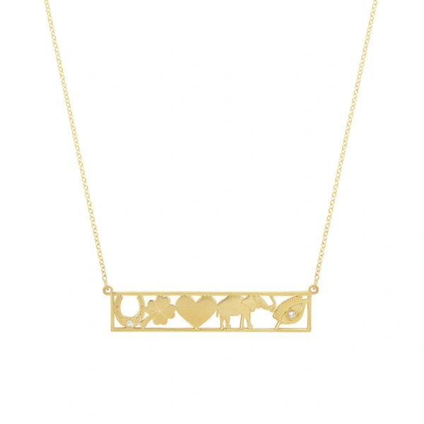 Jennifer Meyer Good Luck Bar Necklace in 18K Yellow Gold | Fine Necklaces | Coveti