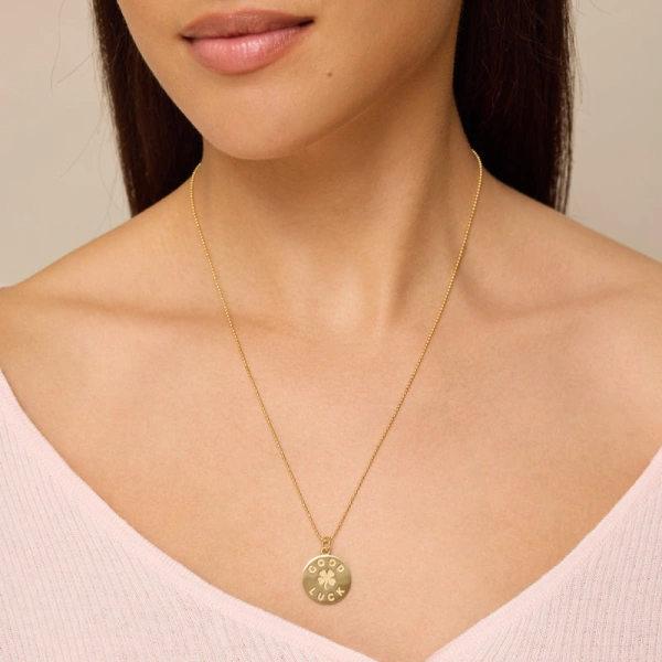 Jennifer Meyer Good Luck & Clover Sentiment Pendant Necklace in 18K Yellow Gold | Fine Necklaces | Coveti