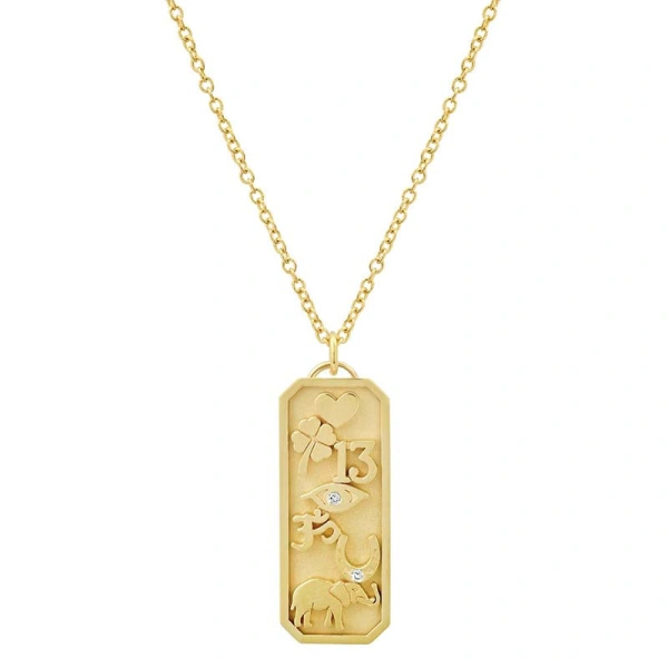 Jennifer Meyer Good Luck Tag Necklace in 18K Yellow Gold | Fine Necklaces | Coveti