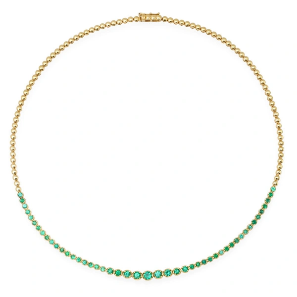 Jennifer Meyer Graduated Emerald Tennis Necklace in 18K Yellow Gold | Fine Necklaces | Coveti