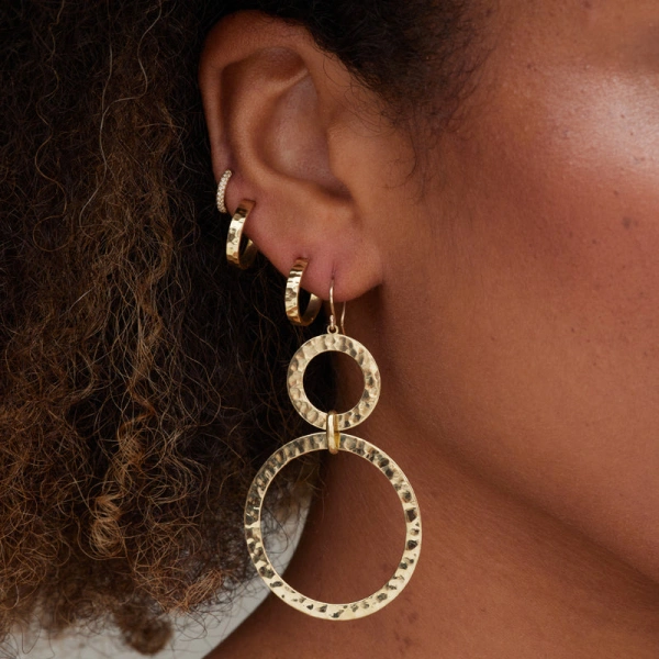 Jennifer Meyer Graduated Hammered Open Circle Drop Earrings in 18K Yellow Gold | Fine Earrings | Coveti