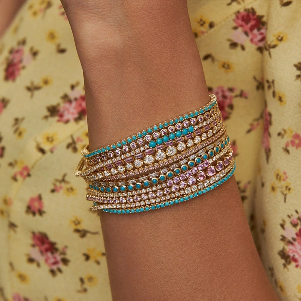 Jennifer Meyer Graduated Pink Sapphire Tennis Bracelet in 18K Yellow Gold | Fine Bracelets | Coveti