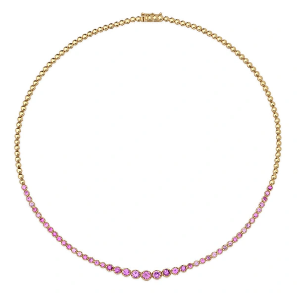 Jennifer Meyer Graduated Pink Sapphire Tennis Necklace in 18K Yellow Gold | Fine Necklaces | Coveti