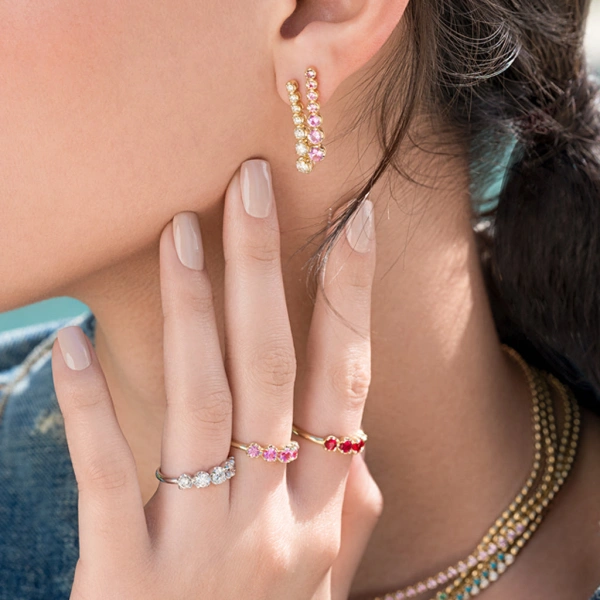 Jennifer Meyer Graduated Pink Sapphire Tennis Studs in 18K Yellow Gold | Fine Earrings | Coveti