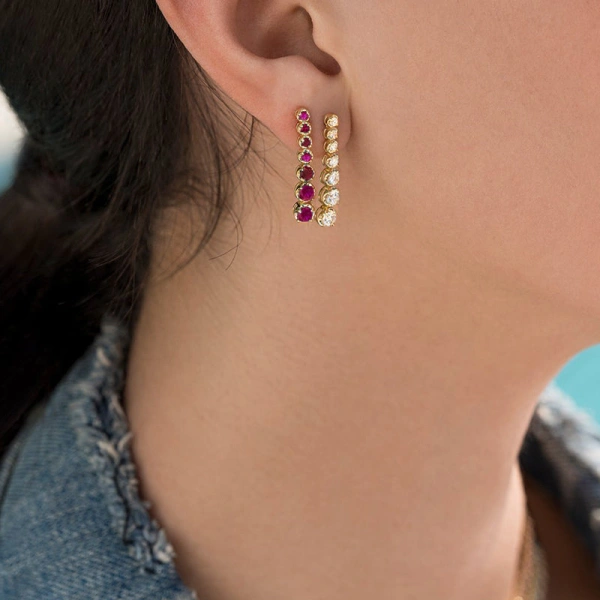 Jennifer Meyer Graduated Ruby Tennis Studs in 18K Yellow Gold | Fine Earrings | Coveti