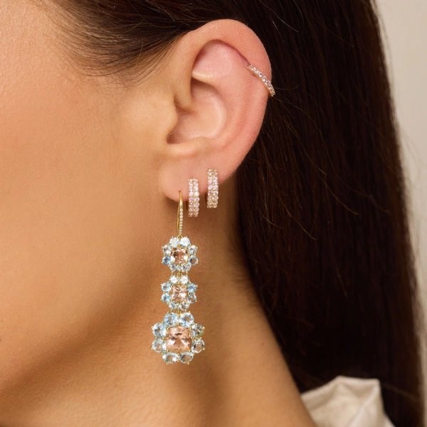 Jennifer Meyer Graduated Statement Aquamarine and Morganite Flower Earrings in 18K Yellow Gold | Fine Earrings | Coveti